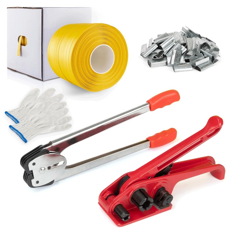 Gresdent Store طقم حزام التعبئة الثقيل - أداة شد حزام بولي مطورة مع حزام PP بطول 1000' وعرض 1/2" و100 ختم معدني - Image 1